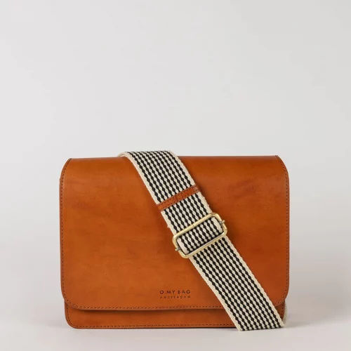 O My Bag Audrey Classic Leather Checkered Strap - Cognac
